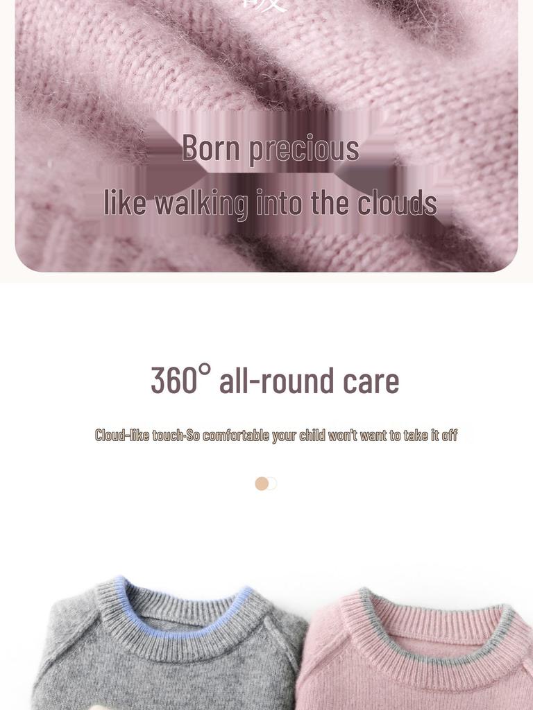 Children's Cashmere Sweater: Solid Color Girls' Knitwear & Color Block Boys' Round Neck Pullover
