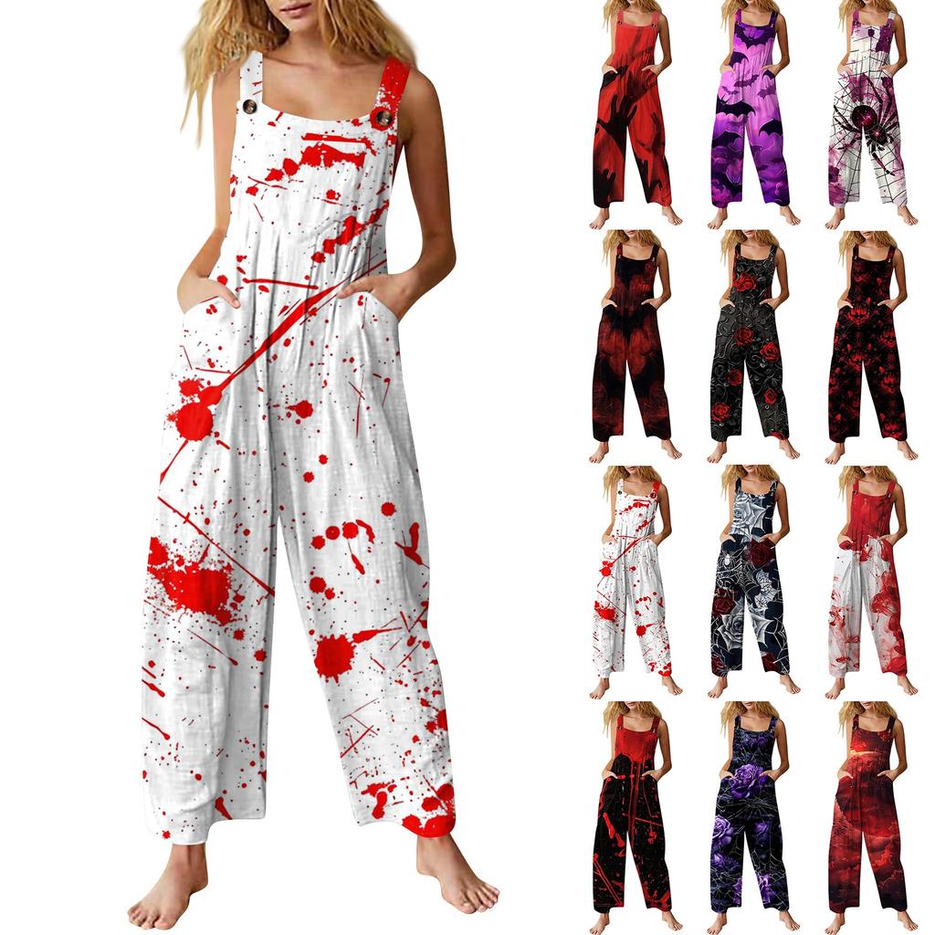 Women's Casual Halloween Printed Jumpsuit Sleeveless Printed Cotton Jumpsuit