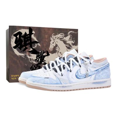 Jordan Air Jordan 1 Drippy White Dragon Horse Nízké Vintage Basketbalové Boty Unisex Modrá Bílá 553558-169(Tým889-)