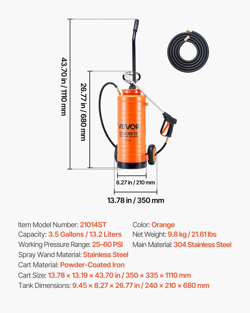 VEVOR Industrial Concrete Sprayer with Wheeled Cart, 14L Stainless Steel Sprayer, Heavy Duty Tri-Poxy Pump Sprayers, 52cm Wand, 1.2m & 3m Hoses