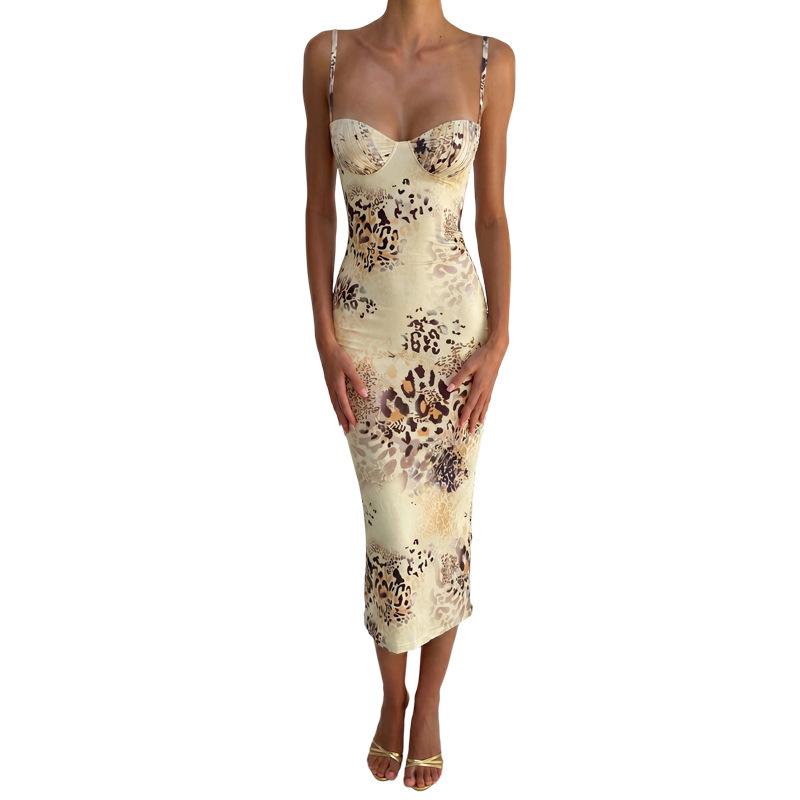 European and American women's clothing summer new leopard print backless sexy fashion hip-wrapped slit suspender dress women