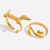 Cute Minimalist Gold Color Stainless Steel Zircon Geometry Line Dachshund Puppy Kitten Adjustable Opening Ring For Women Jewelry
