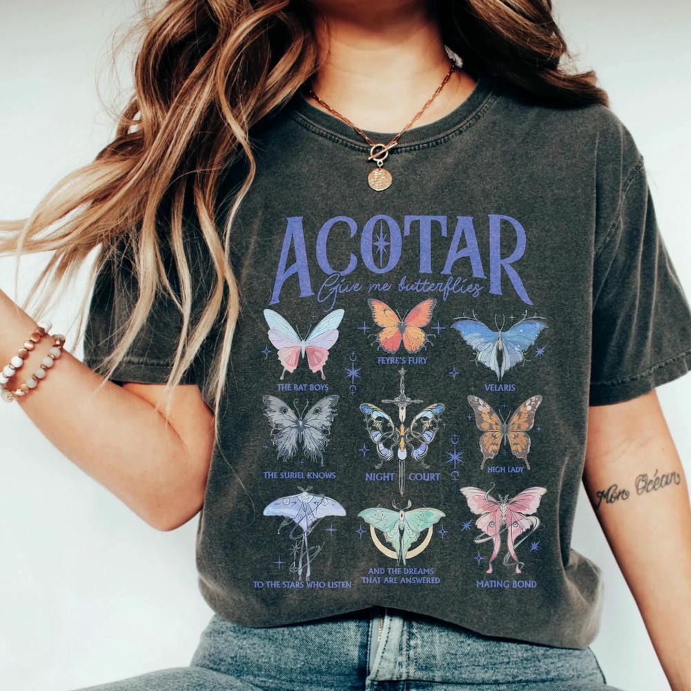 Damen Casual Acotar Schmetterlinge Komfort Unisex T-Shirt Für Fan Fantasy Lustig Acotar Gib Mir Schmetterlinge Outfit Buch T-Shirt Streetwear