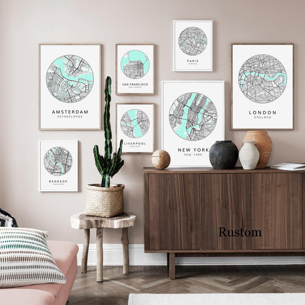 Nordisches minimalistisches Leinwandbild, Weltkarte, Poster, Bosten Landon, New York City, Wandkunst, Heimdekoration, Zitate, kein Rahmen