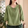ZANZEA Vintage Womens V Neck Tie Front Blouse with 3/4 Puff Sleeve Casual Loose Tunic Tops