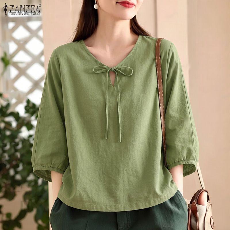 ZANZEA Vintage Womens V Neck Tie Front Blouse with 3/4 Puff Sleeve Casual Loose Tunic Tops