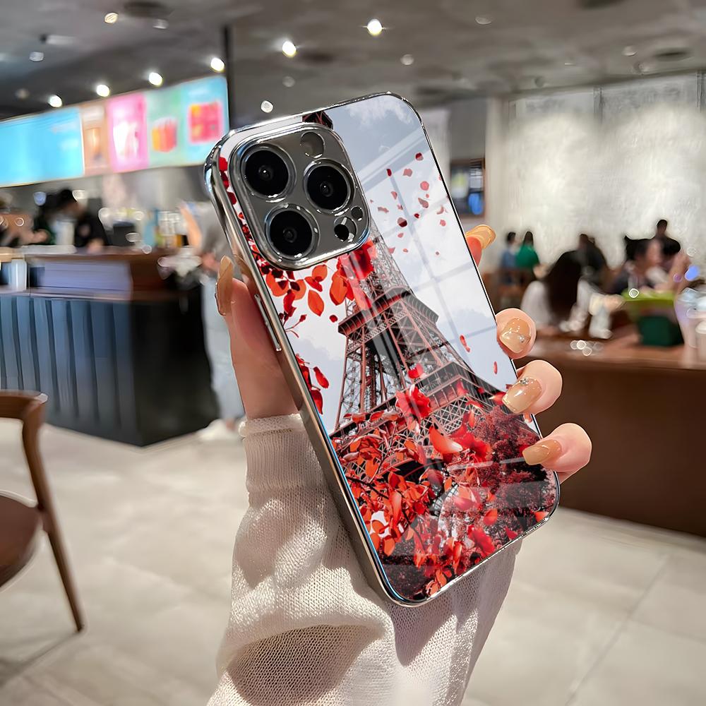 Eiffel Tower Phone Case For IPhone 17 Pro Max 15 Pro 16 14 Plus 12 13 Mini 11 Pro Shockproof Electroplated Glass Cover
