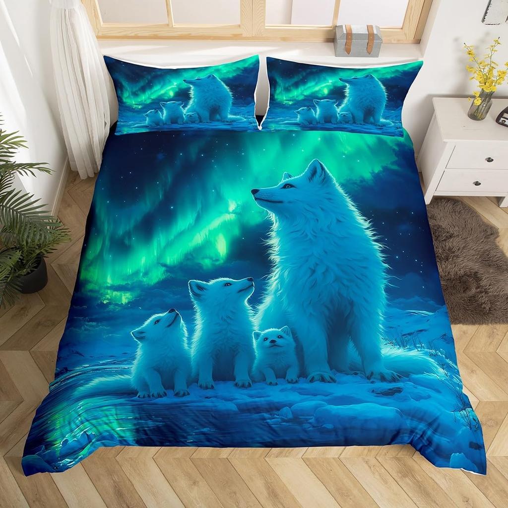 Aurora Duvet Cover Queen Size Polar Bear Arctic Animal Quilt Cover Fantasy Galaxy Sky Bedding Kids Bedroom Decor 3 Piece Set