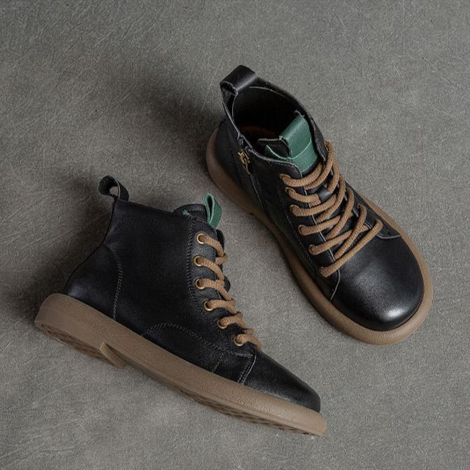 Johnature Oryginalne skórzane botki retro na co dzień, jednolity kolor, miękka podeszwa, krótkie buty, uniwersalne buty damskie