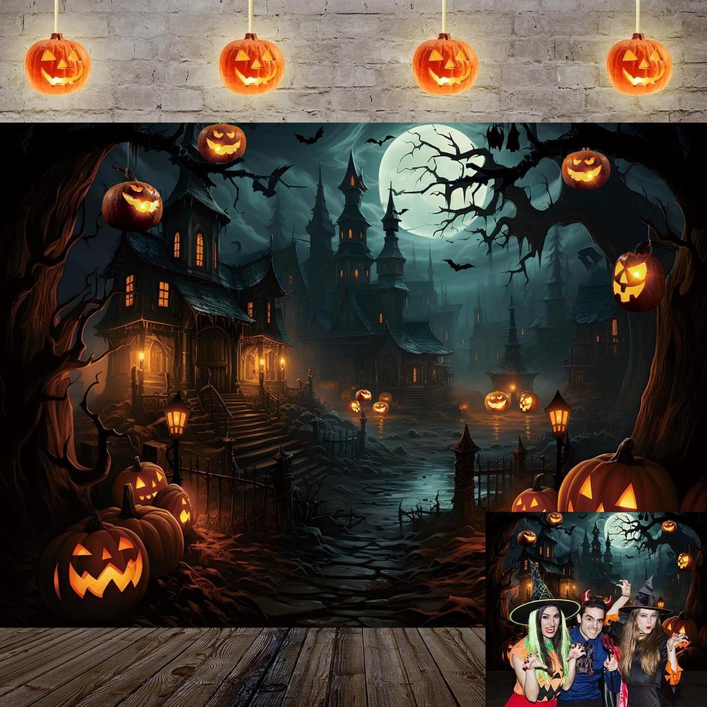 Halloween Photography Backdrop Scary Night Castle Full Moon Hallowmas Pumpkins Party Background for Child Kids Halloween