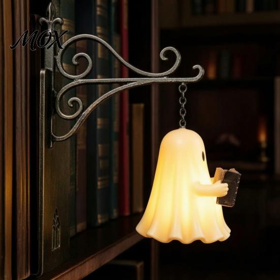 Halloween-Thema Buch-Organizer Gotische Metall-Buchstützen mit Hängeleuchte, Katze Rabe Geist Dekorativ Schwarz Heimdeko Bücherregal Lampe, Vintage
