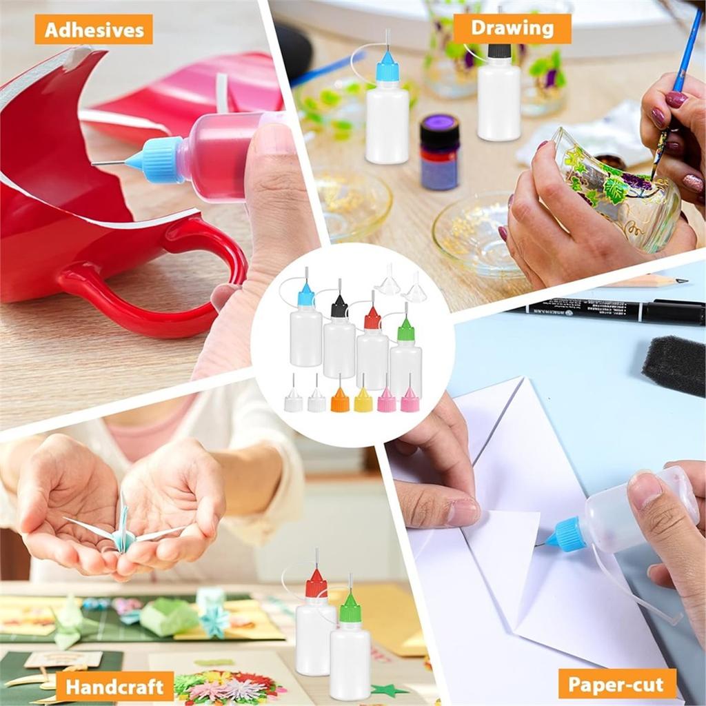 4Pcs Tip Applicator Bottle with 2 Mini Funnel Multicolor Lids, 30ML/1 OZ Tip Glue Bottles, for DIY Craft Painting