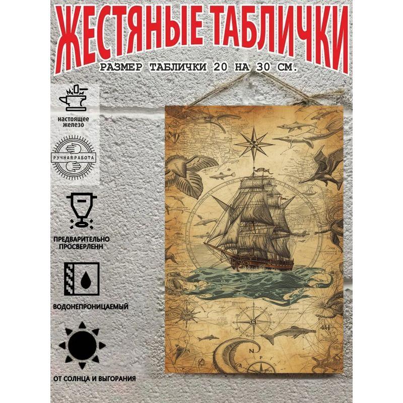 Vintage Sailing Ship Nautical Map Metal Wall Art Decor 20x30cm