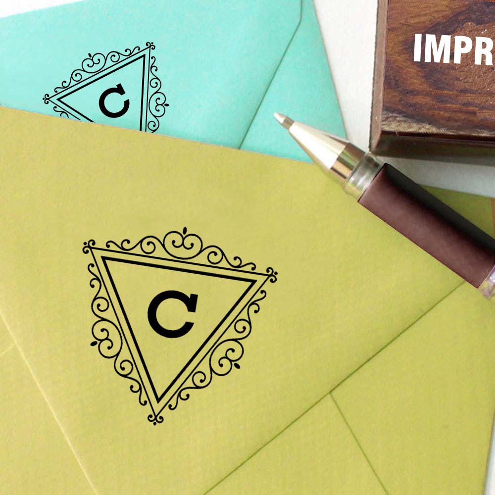Printtoo Inverted Triangle Swirl Border Letter C Monogram Wood Mounted Rubber Stamp