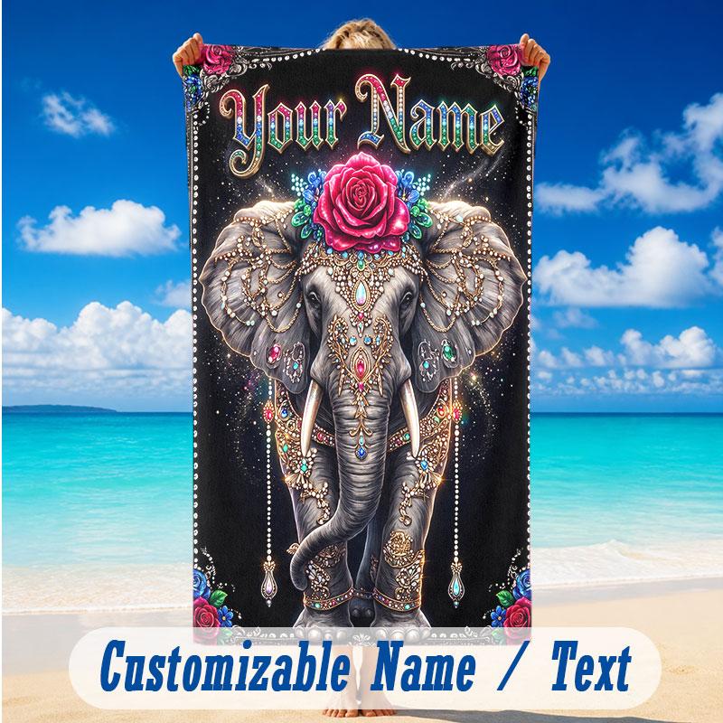 Elephant Theme Beach Towel Personalized Custom Name & Text Soft Quick Dry Beach Towel for Swimming Travel