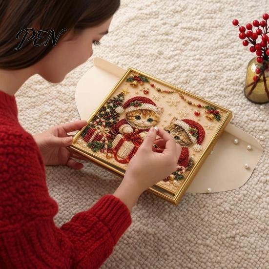 Dekoracyjny Zestaw Malowania Koralikami Faux Pearl Kotek Boże Narodzenie, Świąteczny Artystyczny Zestaw DIY Prezent Boże Narodzenie dla Pasjonatów Uroczy Kotek Zestaw do Rękodzieła z Koralików 3D dla Dorosłych Nastolatków,