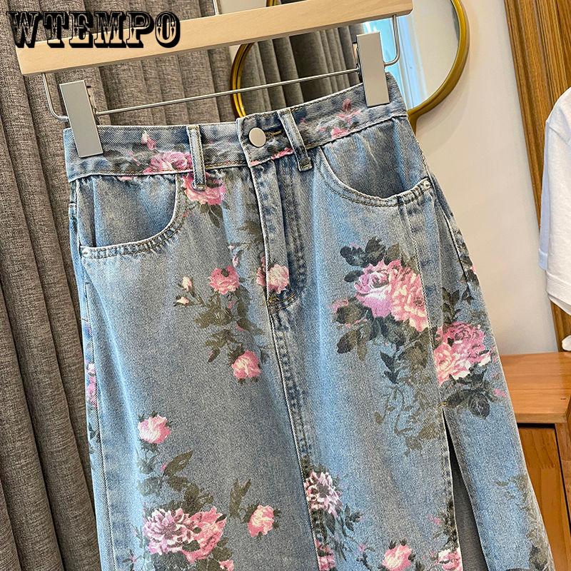 Frühling und Sommer Retro Vielseitiger Skinny Split Denim Print Halbkörperrock Weiblicher Chic Hohe Taille Mittellanger Paket Hüftrock
