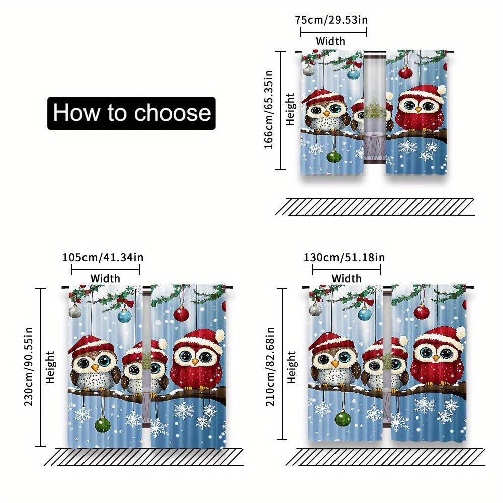 Set Of 2 Owl Family Christmas Curtains Santa Hat Snow Scene Polyester Living Room Bedroom Kitchen Decor Curtain Machine Washable Perfect For Sitting