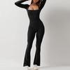 2024 European & American Solid Color Seamless Long Sleeve Yoga Jumpsuit with Flared Pants