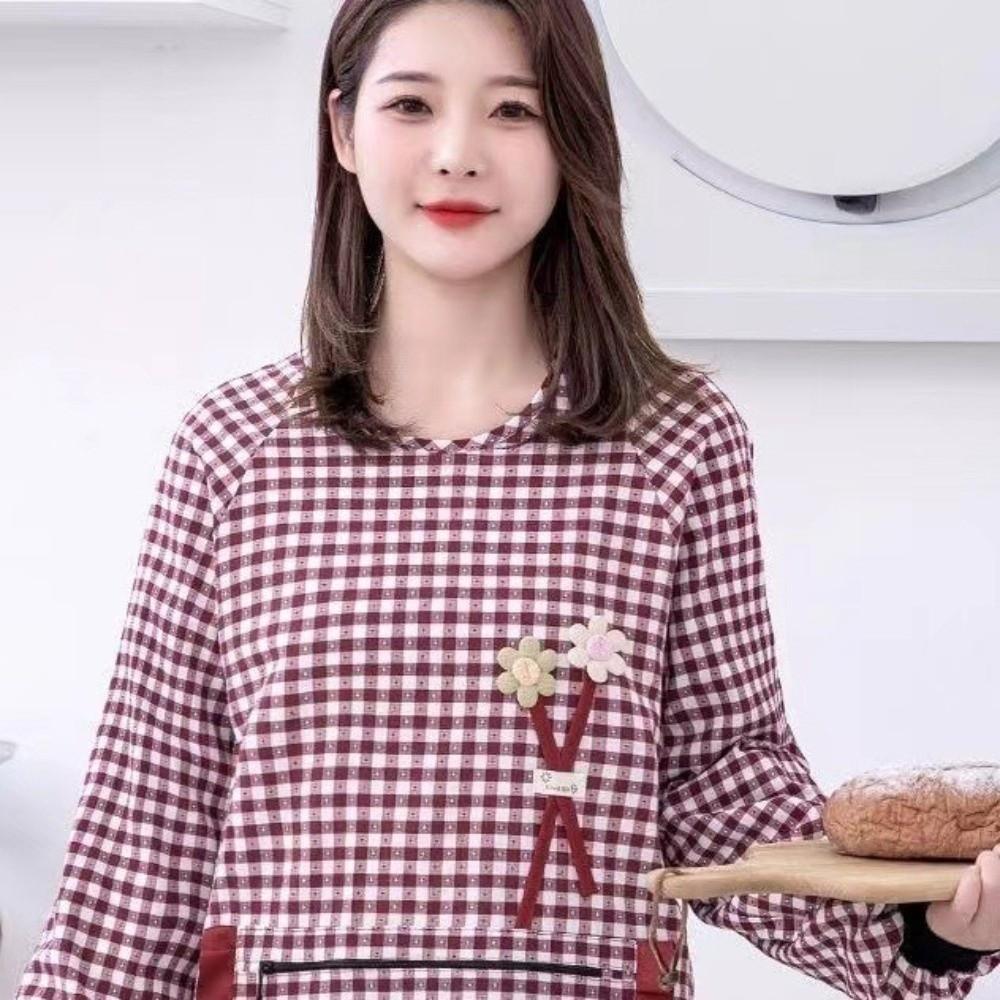 Waterproof Long-sleeved Apron Plaid Design Dishwashing Cleaning Apron Garden