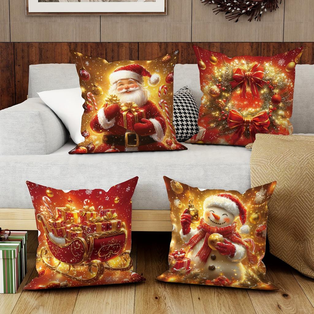Christmas Decoration Pillowcase Santa Claus Carriage Snowman Garland Pattern Suitable for Home Room Sofa Cushion Cover