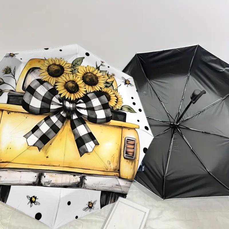 Sunflower Bowknot Yellow Pickup Truck - Automatic Opening Umbrella, Portable Folding Design, 8-Bone Iron Frame, Outdoor Rain Umbrella, Festi