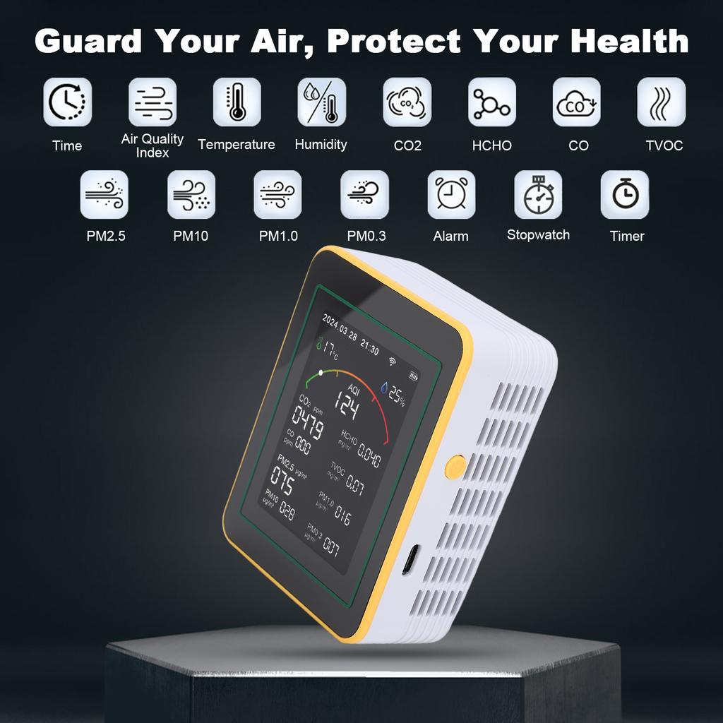 Quality Monitor, 15-in-1 WiFi Detector with Color LCD Screen Fit for Smart, Detects PM0.3 PM1.0 PM2.5 PM10 CO CO2 HCHO TVOC Temp Humidity
