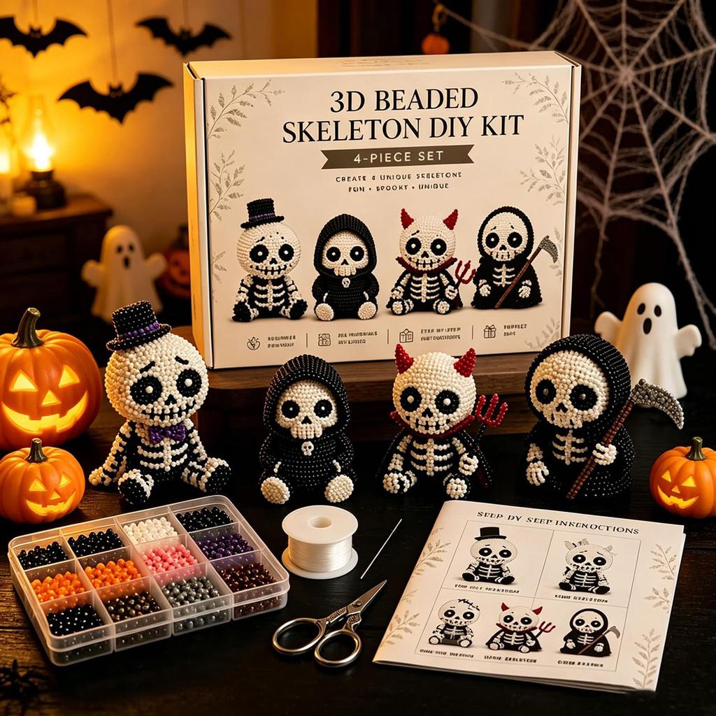 4Pcs Cute Skeleton Bead Craft Set Beginner-Friendly Handmade Skeleton Figurine Making Kit for Teens Adults Home Decor Gift