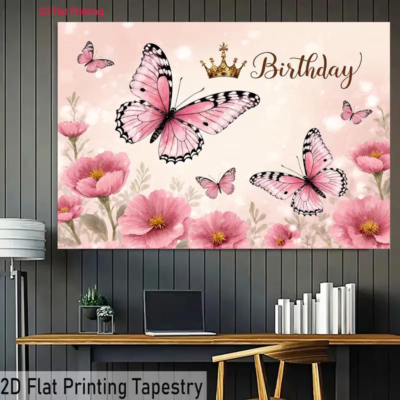 2D Princess Birthday Backdrop Pink Butterflies & Golden Crown Party Background Cloth
