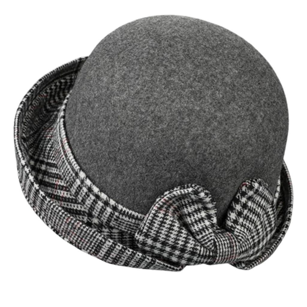 Women Felt Bowler Hats Vintage Plaid Bow Church Hats Lightweight Derby Fedora Hats