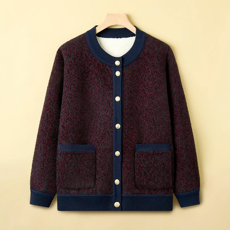 Mom's Fashionable Plus Velvet Thickened Sweater Middle-aged Fashion Cardigan Top for Women In Autumn and Winter Fashion Knitted Jacket