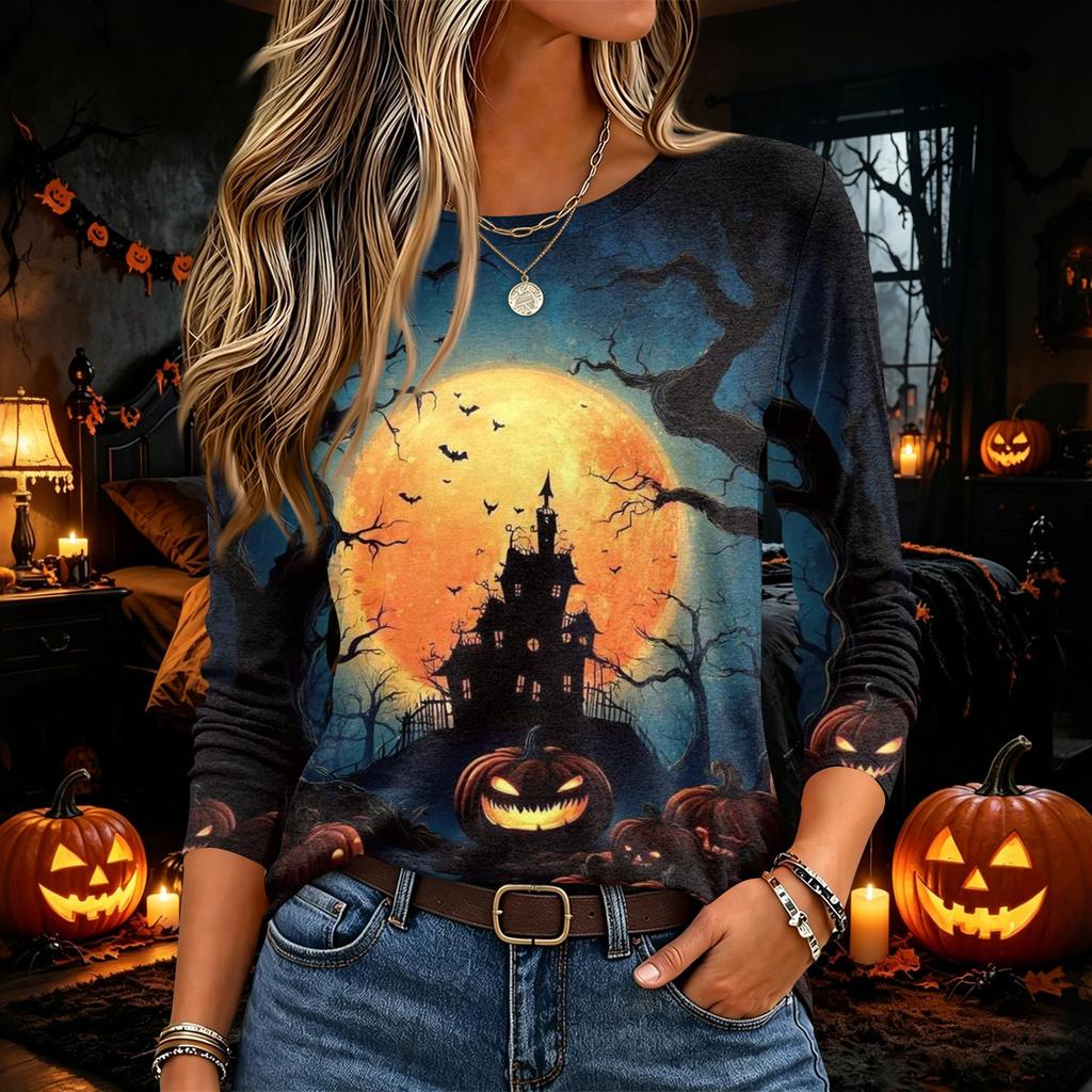 Damen Halloween Print Langarm Rundhals Pullover T-Shirt für den Herbst