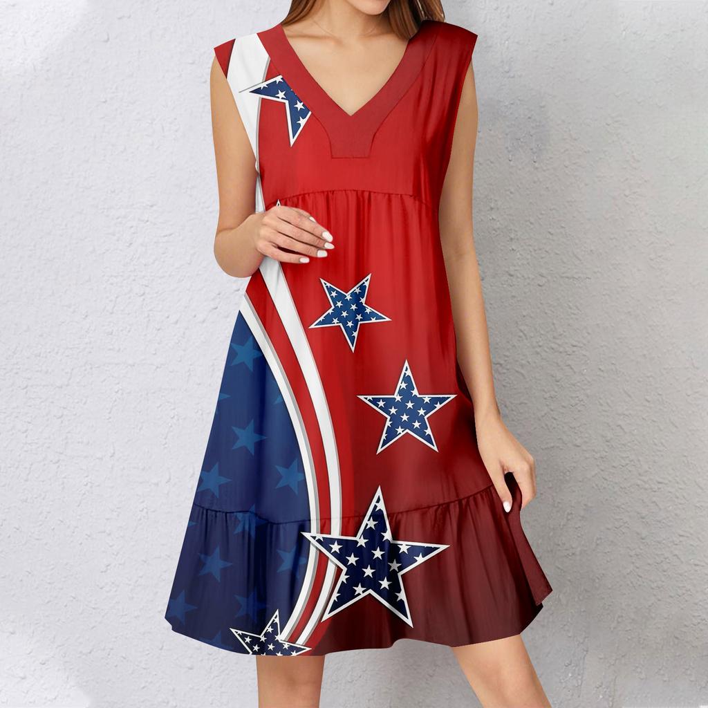 Womens Summer Dress Sleeveless V Neck  Independence Day Flag Print Short Dresses Fashion Casual Flowy Boho Ruffle A Line Swing Sundress