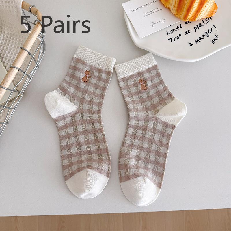 

5 пар женских летних тонких клетчатых вышитых носков средней длины из хлопка без косточек с защитой от запаха 5 Pairs кофейный