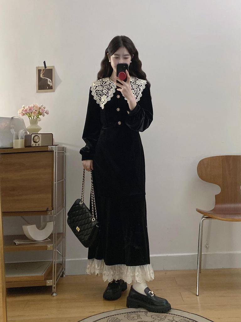 Plus Size Autumn Winter Long Sleeve Retro Lace Collar Patchwork Fishtail Skirt French Dress for Women