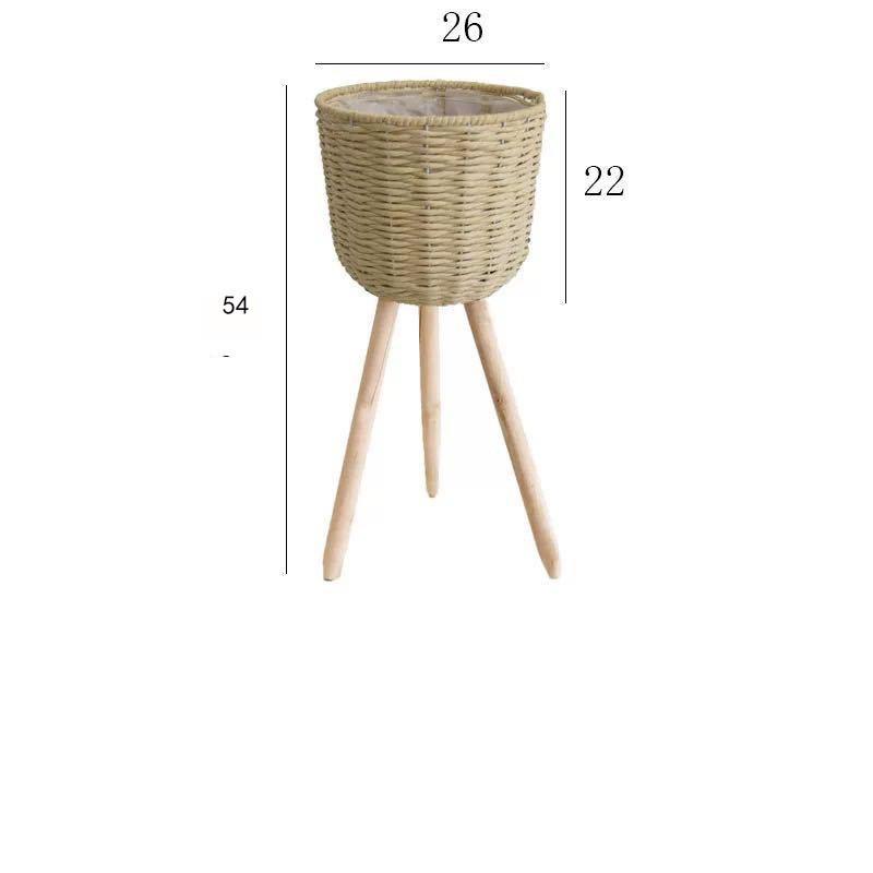 Nordic Rattan Straw Flower Basket with Wooden Stand for Indoor Decoration
