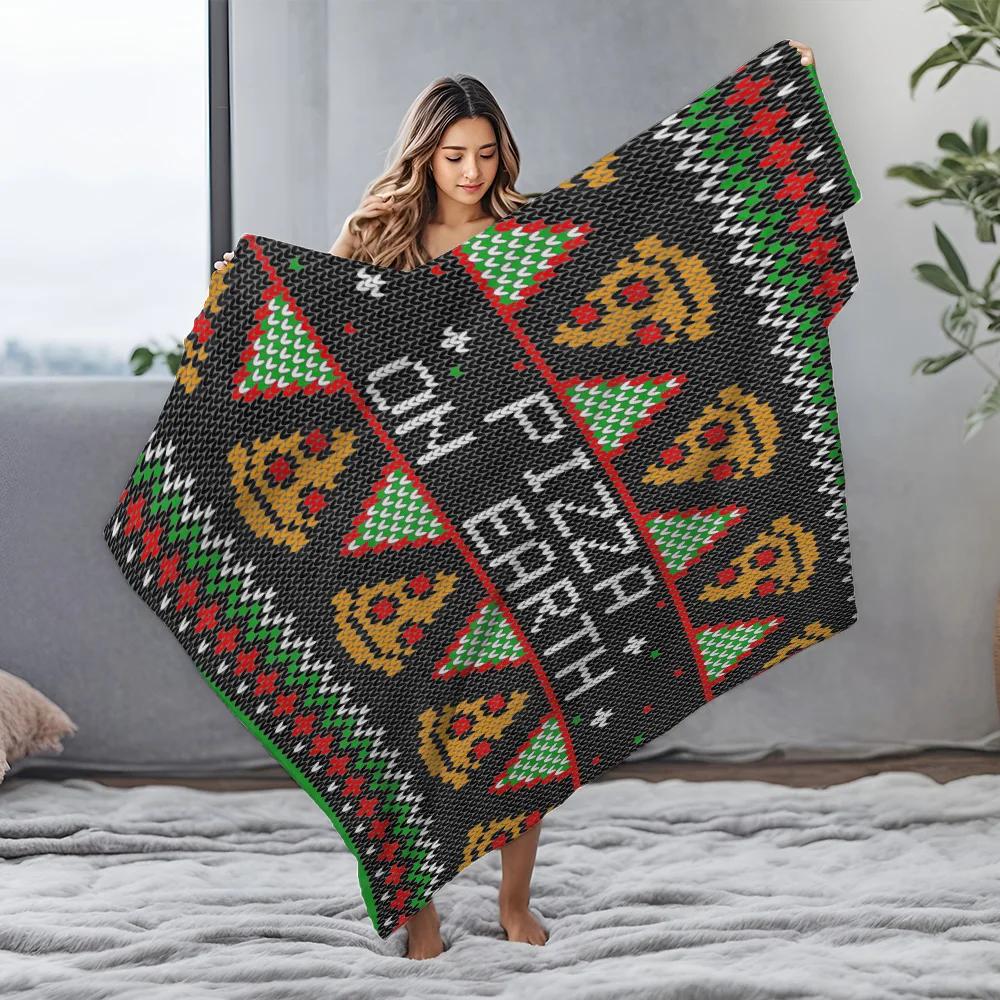 Pizza on Earth Christmas Throw Blanket, Funny Food Theme with Tree Design, Soft Knit Blanket for Holiday Gift and Sofa Decor