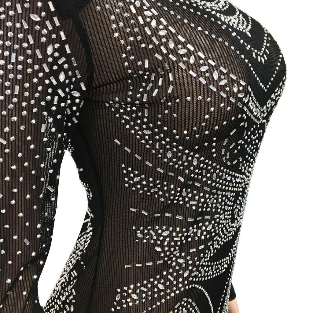 European & American Fashion Women's See-through Mesh Long Sleeve Slit Dress with Hot Drilling Details.