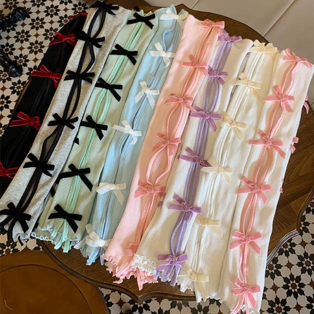 Y2K Cutout Arm Warmers with Velvet Bows, Ribbed Knit Fingerless Gloves Ruffle Trim for Women Girls Balletcore Lolita Fashion