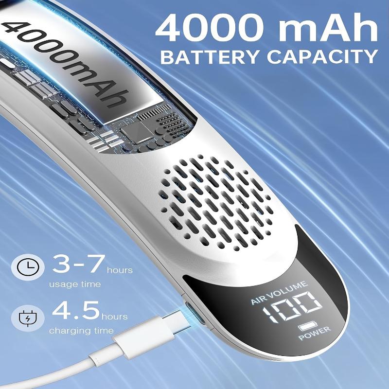 Bladeless Nackenventilator 4 Turbo Tragbarer Nackenventilator 4000 mAh Akku USB Wiederaufladbar Persönlicher Ventilator 3 Geschwindigkeiten 360° Kühlender Luftstrom LED Tragbarer Ventilator