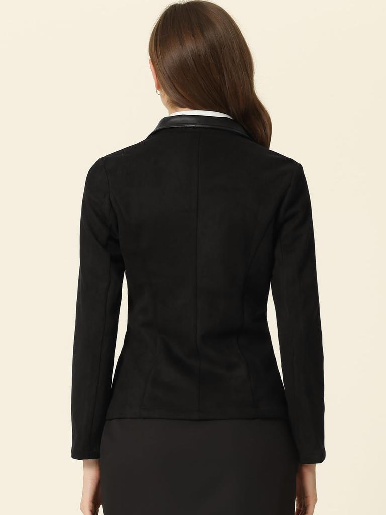 Allegra K Women's 2-Button Blazer Jacket with Leather Lapels and Faux Suede, Black, Size M