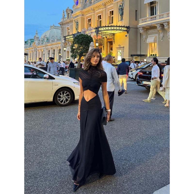 Women's Long Dress Temperament Elegant Round Neck Mesh Pleated Navel Dress