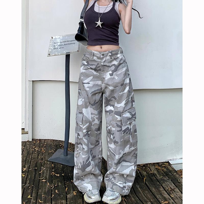 Women Camo Cargo Jeans High Waist Wide Leg Floor Length Denim Pants Street Hip Hop Patchwork Non Stretch Camouflage Trousers Spring Fashion