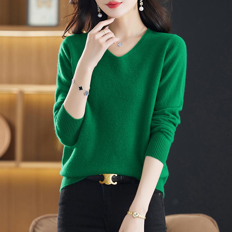 Women's Pure Wool V-Neck Pullover Sweater - Autumn/Winter Loose Casual Knit