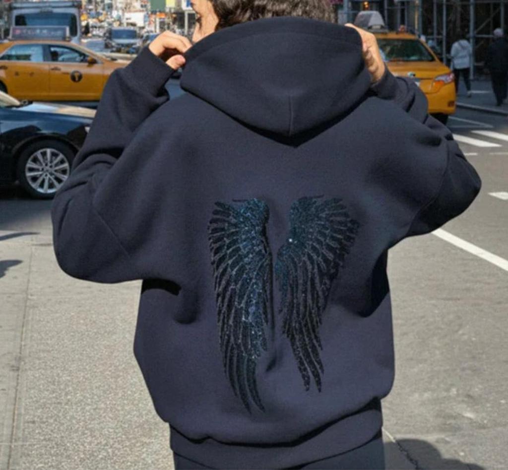 Y2K Retro Wings Sequin Hoodie Angel Wings Ornament Sweatshirt Harajuku Sweet Lady Casual Streetwear Relaxed Fit Pullover Coat