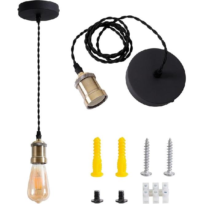 Plug in Pendant Light Cord hanging light kit with dimmer switch,Farmhouse Hanging Lights19.69 ft power cord length,Hemp Rope Plug in black Hanging