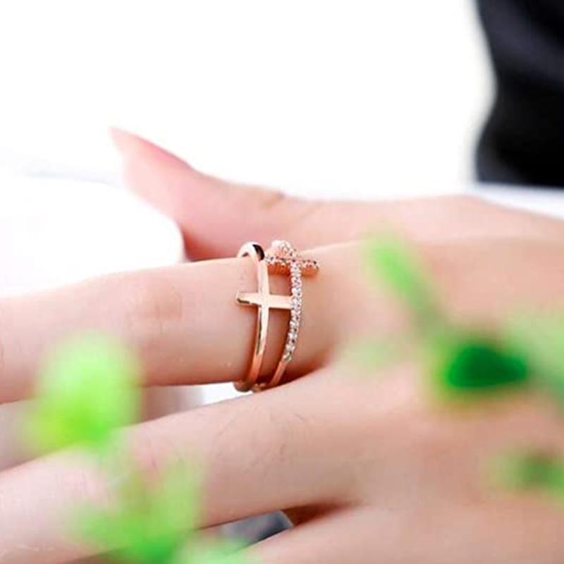 Rose Gold Cross Ring Adjustable Expandable Open Ring Women Faith Jewelry Double Cross Design Fashion Accessory