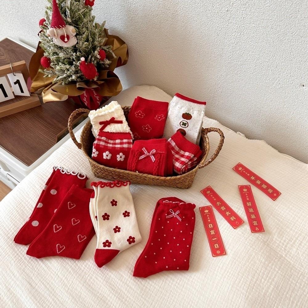 Soft Red Socks Combed Cotton Flower Socks Bow Heart Polka Dot Socks Lunar New Year