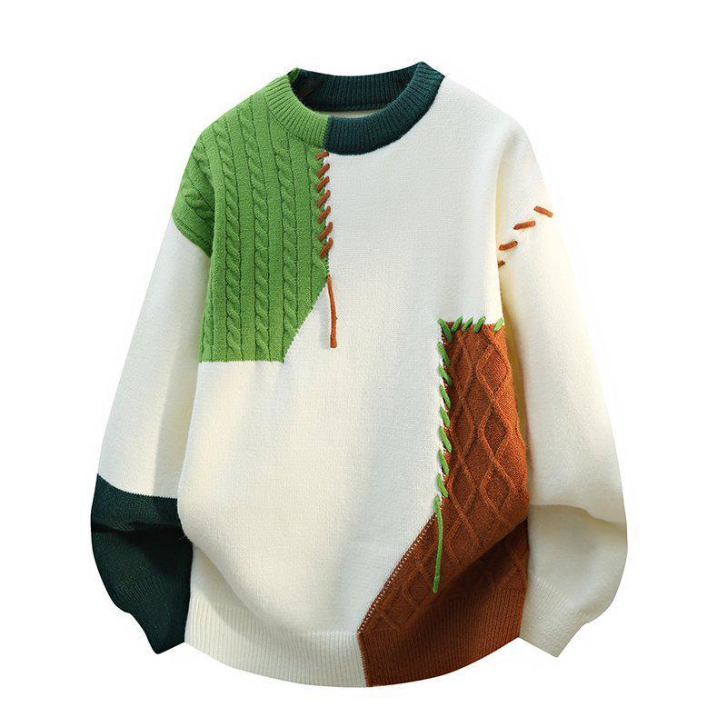 A/W 2025 Color Block Knit Sweater - Casual Couple's Round Neck Top