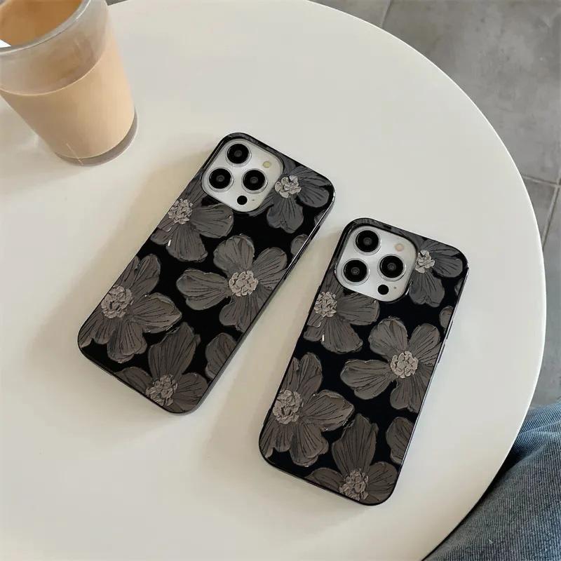 Ins Ölgemälde Schwarze Blume Handyhülle für iPhone 16 16E 15 14 13 12 11 Pro Max XR XS Max SE2 7 8 Plus Stoßfeste Weiche Hülle